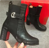 2023 New Luxury Red Bottom Boots Sexy Round Toes Square Heel Ankle Boots Women Elastic Band Black High Heel Red Sole Shoes