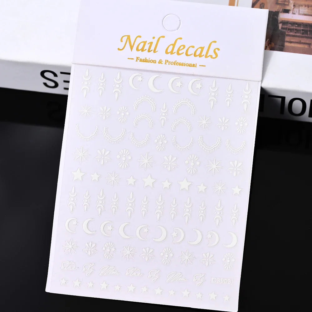 3D Gold Sun/Moon/Star Bronzing Nail Art Sticker 8*10cm Laser Star Moon Design Nail Decal Gold Silver Self-Adhesive Slider &*&