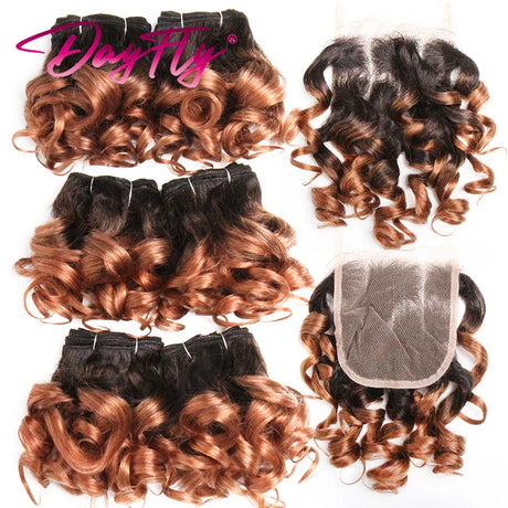 6+1/Lot Brazilian Hair Weaving With Closure Ombre Bouncy Curly Bundles With Closure 4x4 Short Human Hair Bundles And Closure