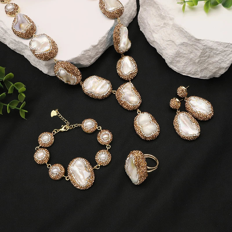 GLSEEVO Natural Baroque Shaped Pearl Women Jewelry Necklace Bracelet Earring Ring Set Rhinestone Inlaid Luxury Dress Jewelry