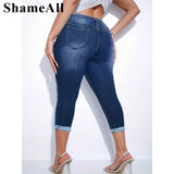 Women's Plus Size  Washed Button  High Rise Roll Up Hem Skinny Capri Jeans