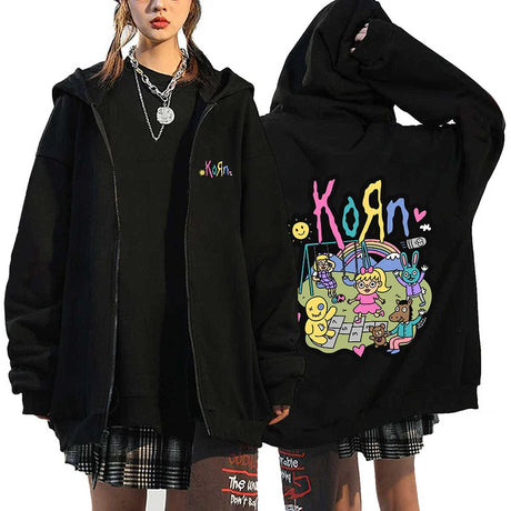 Korn Rock Band Sweatshirts WORLD TOUR Hoodies Cartoon Vintage Metal Gothic Streetwear Zip Up Jackets Tops Fleece Oversized Coats