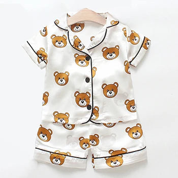 Toddler Girls Silk Satin Pajamas Sets Cartoon Kids Boys Pyjamas Baby Sleepwear Suit Girl Casual Home Wear Clothes Boy Loungewear