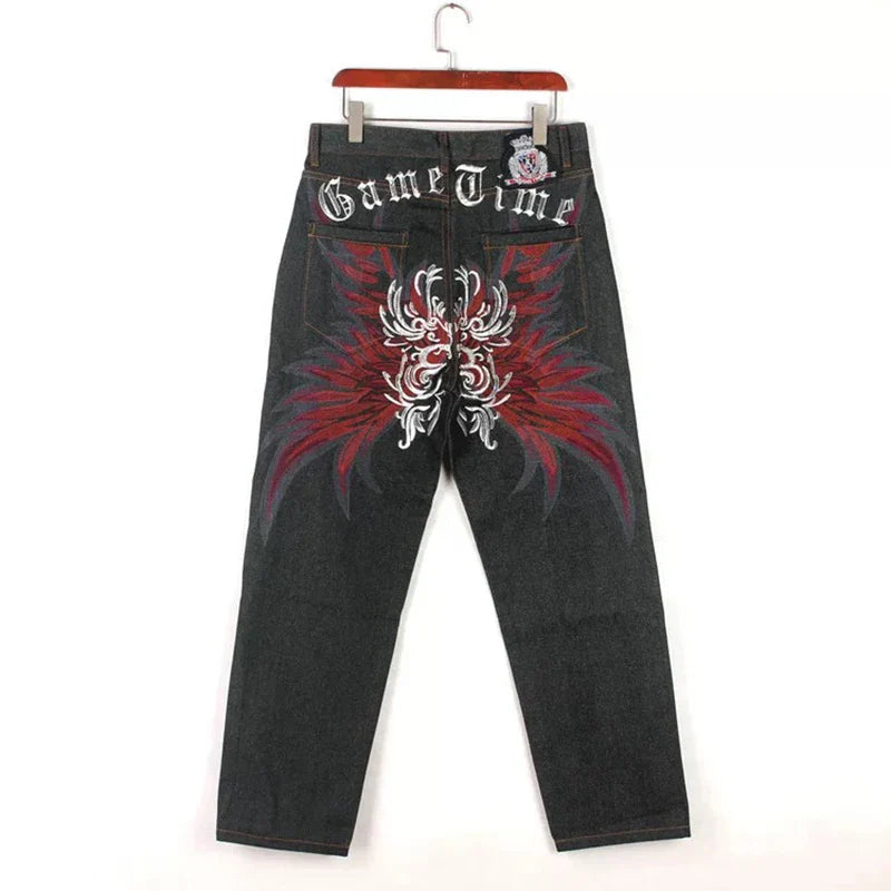 Plus Size Waist 30-46Inch Streetwear Baggy Jeans Men's Designer Clothes Embroidered Flower Wings Trousers Male