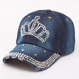 Women Bling Tiara Distressed Denim Baseball Cap Rhinestones Embellished Washed Retro Style Adjustable Hat