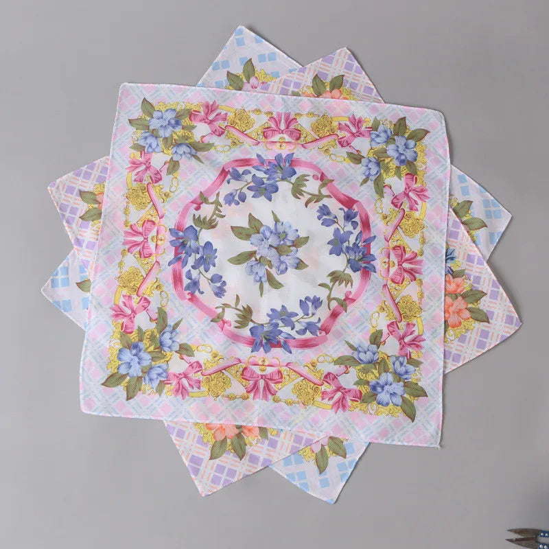 3Pcs 43x43cm Square Flower Printed Lady Women Handkerchiefs Vintage Cotton Towel Mother's Day Gift