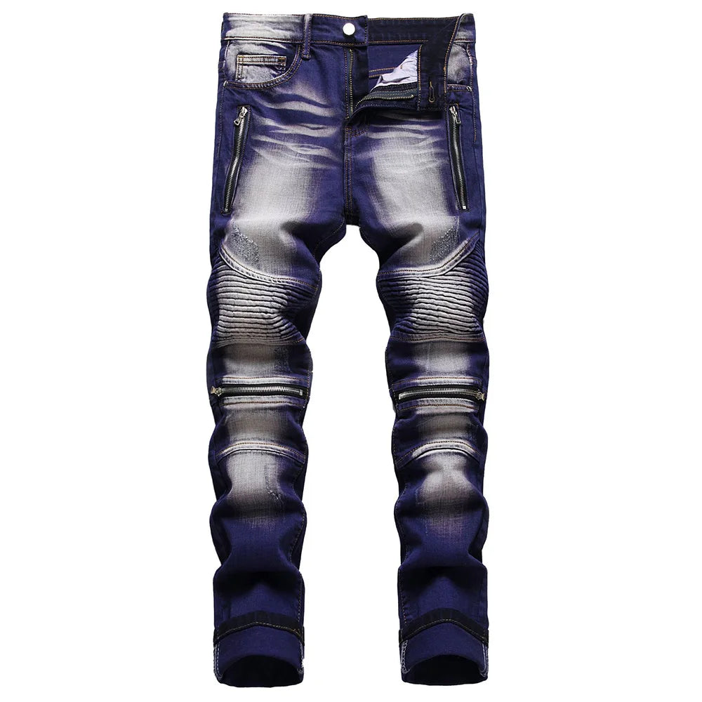 Men Stretch Denim Biker Jeans Streetwear Zippers Pleated Patch Patchwork Pants Slim Skinny Tapered Trousers