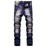 Men Stretch Denim Biker Jeans Streetwear Zippers Pleated Patch Patchwork Pants Slim Skinny Tapered Trousers