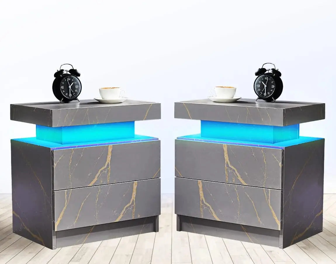 Side Bed Table With LED Light Bedside Tables for the Bedroom Furniture Generic Nightstand Set of 2 LED Nightstand With 2 Drawers