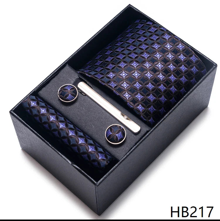 Luxurious Dropshipping 8 cm Birthday Gift Silk Tie Hanky Pocket Squares Cufflink Set Tie Clip Necktie Box Geometric