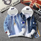 Men Light Blue Winter Jean Jackets Hooded Casual Men Solid Color Jean Jackets Popular Single Breasted Drawstring Jean Jacket