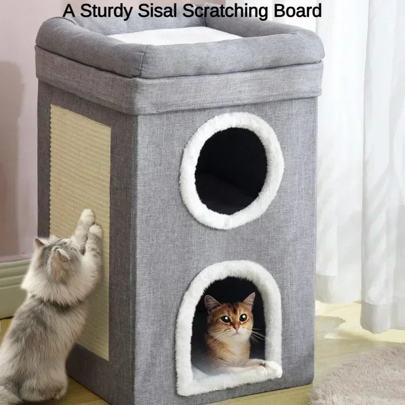 Foldable Cat House with Scratch Pad, Hideaway Condo for Kitty, Hut Covered Kitten Bed, Pet Furniture, 2 Level