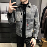 New Hombre Korean Casual Men Stitching Jacket Slim Jacket Fashion Warm Long-sleeved Plaid Gentleman Pockets Coat Jacket S-3XL