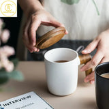 Gift Package 350ml Ceramic Coffee Mug with Wooden Handle and Lid Nordic Retro Style Smooth Surface Office Home Couple Cup