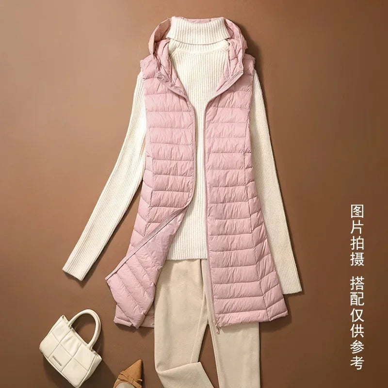 Women's Autumn/Winter X-long Hooded Sleeveless Jackets 2023 New White Duck Down Female Slim Fit Office Lady Warm Vest Coat