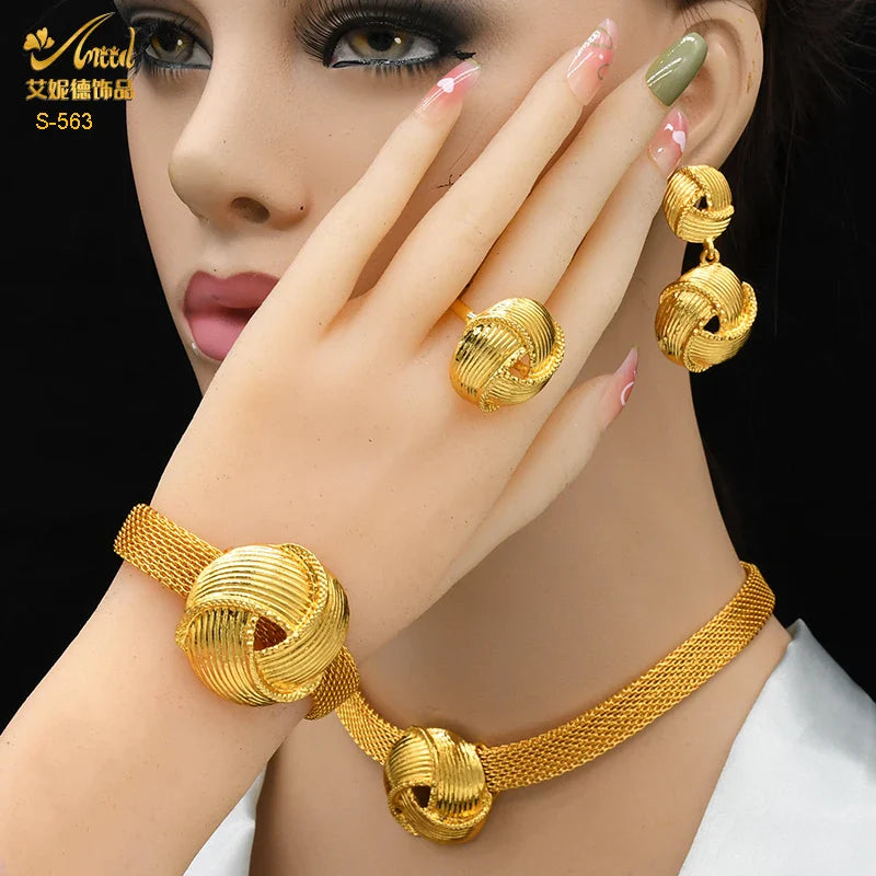 Indian Luxury Necklace Jewelry Sets For Women Dubai Gold Color African Arabic Wedding Bridal Collection Sets Earring Jewellery