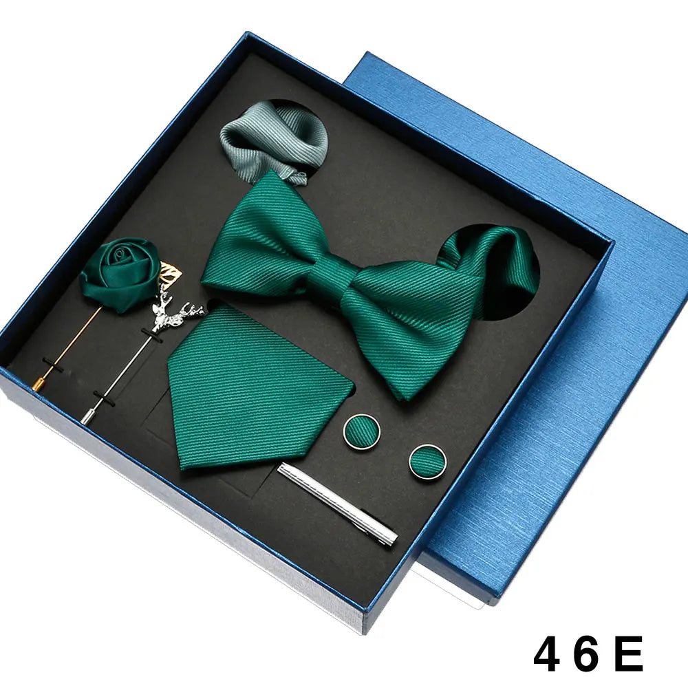 8pcs Luxury Mens Ties Set In Gift Box 100% Silk Neck Tie With Festive Wedding Bowtie Pocket Squares Cufflinks Clip Brooches Suit