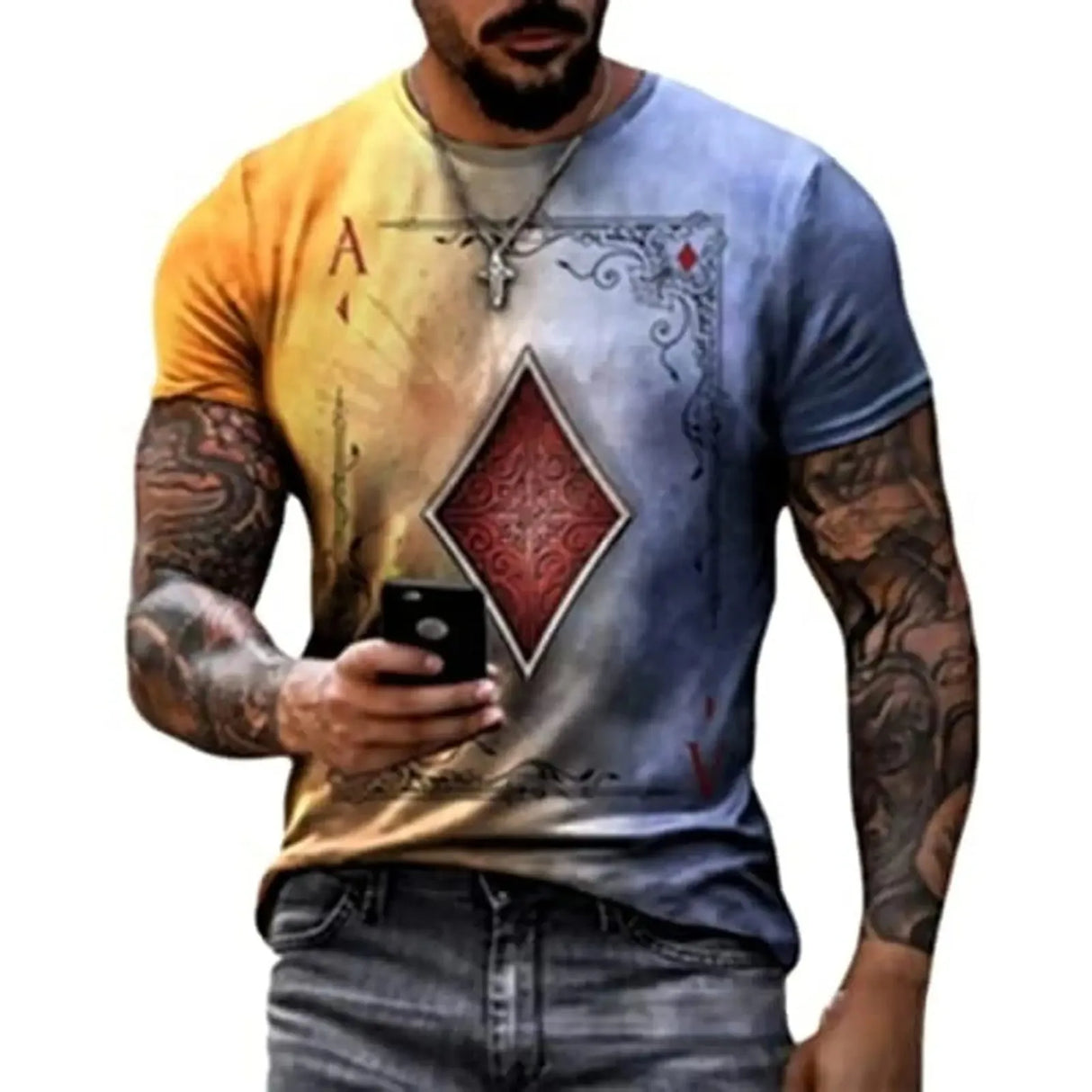 Men's Poker Pattern Printed T-shirt Casual Short Sleeve O-Neck Tops 3D Pattern Summer Men Retro Tee Fun Casual Shirt Clothing