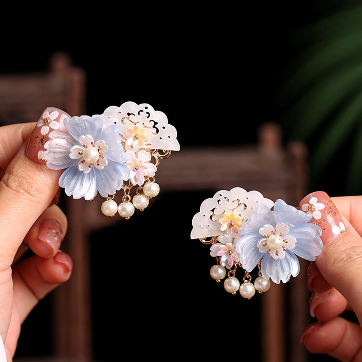 Chinese Hair Clips Girls Hanfu Hair Accessories Green Flower Hairpin Tassel Pearl Headpiece Ancient Party Barrette Head Jewelry