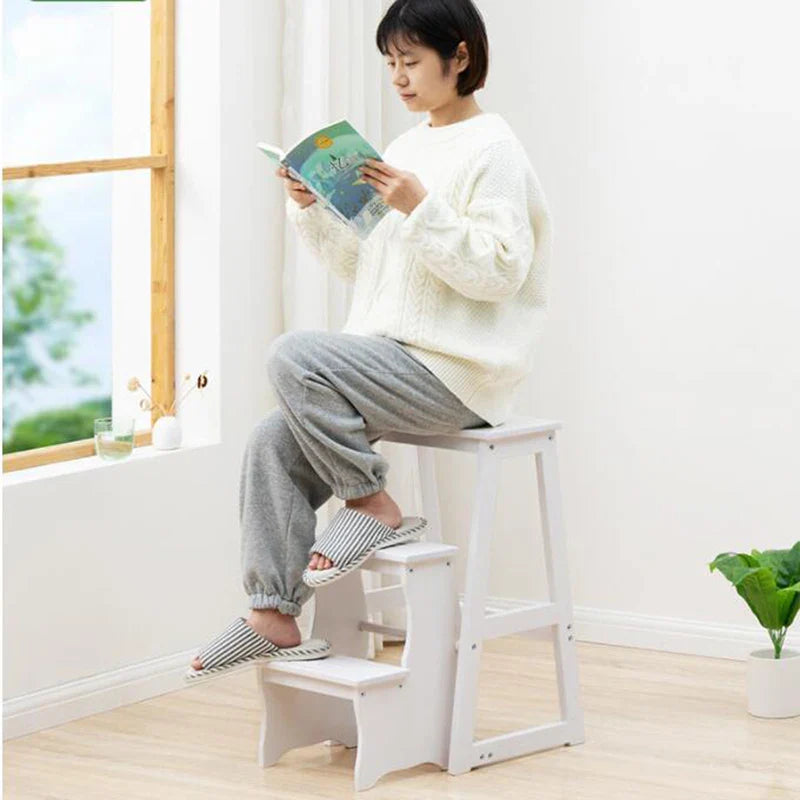 Step Stool Solid Wood Folding Ladder Chair Home Three-step Climbing Multifunctional Ladder Indoor Pedal, Foot Rest Stool