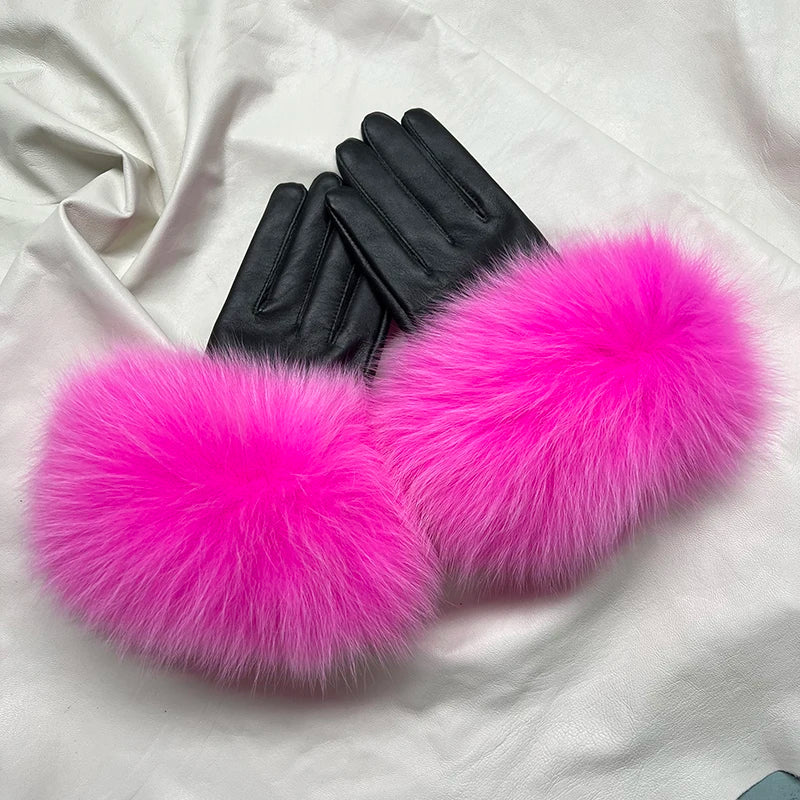 Real Sheepskin Fox Fur Gloves Women's Genuine Leather Glove Winter Warm Fashion Style Natural Fluffy Fox Fur Oversized Customize