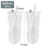 2pcs 600ml Stripe Glass Cup with Lid and Straw Transparent Drinking Glasses for Juice Water and Iced Coffee Cups Drinkware Mug