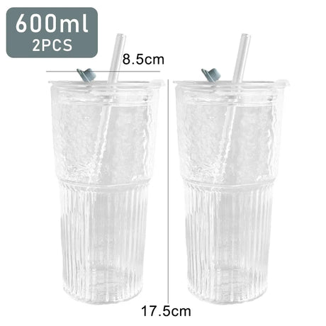 2pcs 600ml Stripe Glass Cup with Lid and Straw Transparent Drinking Glasses for Juice Water and Iced Coffee Cups Drinkware Mug