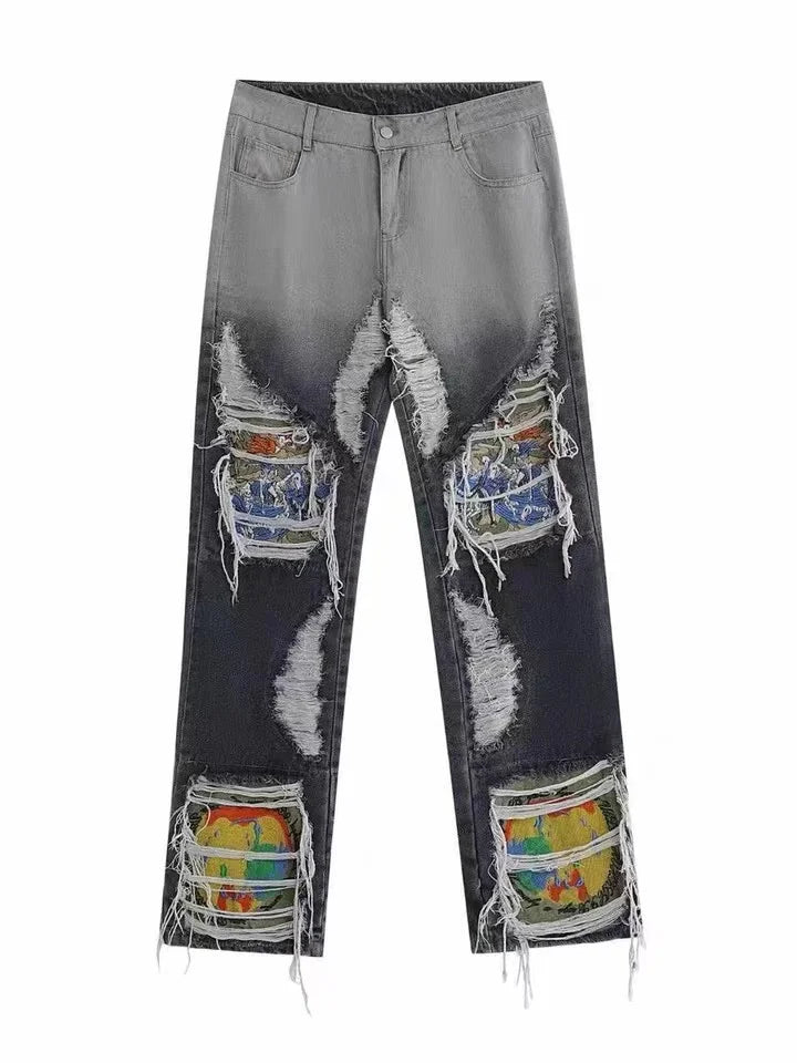 Destruction Brushed Washed Heavy Industry Embroidered Loose Straight Leg Ripped Jeans Man Woman Bleached Dyed Pants Tide