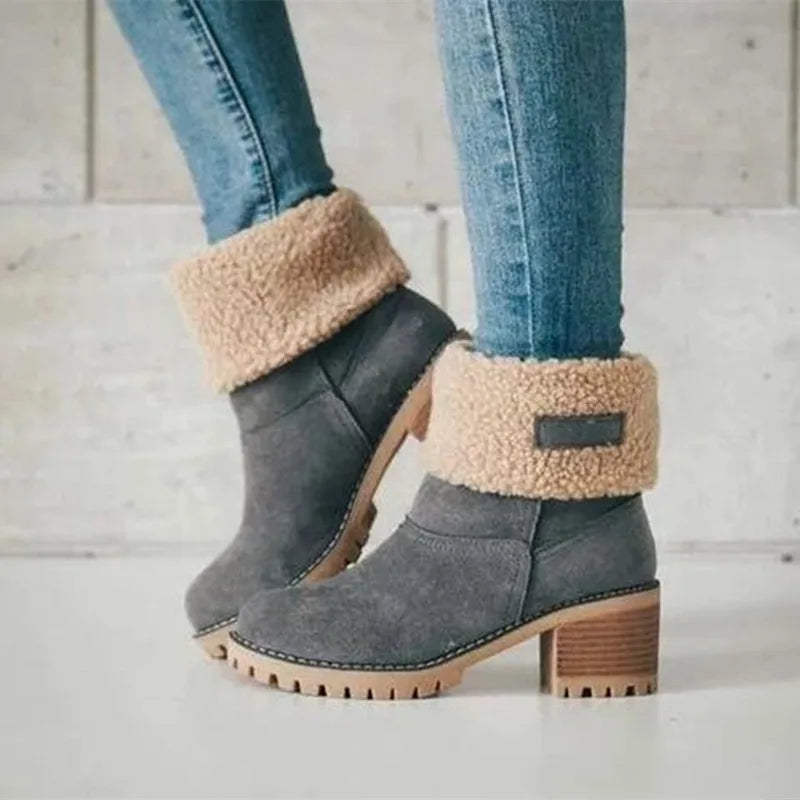 BCEBYL Autumn and Winter Fashion New Casual Comfortable Plus Velvet Warm Square Heel Round Toe Solid Color Women's  Ankle Boots