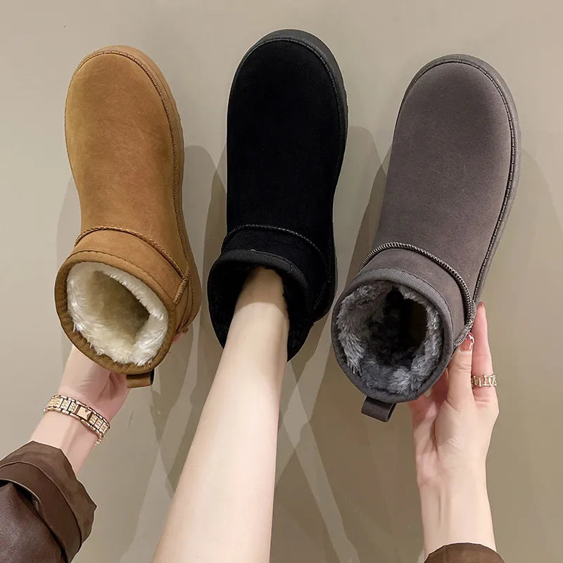 New Snow Boot Style Short Mini Winter Sheepskin Boots Women Waterproof Natural Wool Ankle Boots Fur Lined Ankle Warm Flat Shoes