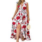 European American women dress 2023 high waist stand collar print long skirt fashion temperament commuter sleeveless dress female