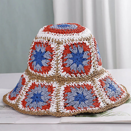 Colorful Crochet Straw Bucket Hat Handmade Knitted Flowers Beach Fisherman Hat for Women Sunshade Cap Vintage Accessories