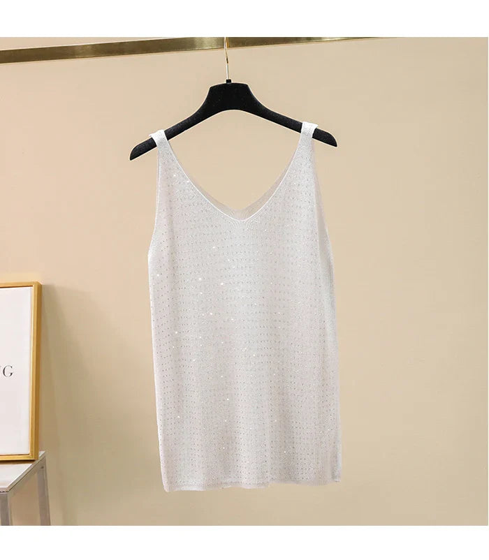 Large Plus Size L-4XL Women High Elastic Knitted Vest Tops Summer Sequin Sweater Sexy Tanks & Camis Female Fashion Big Clothing