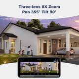 9MP 4K HD WiFi IP Camera Outdoor 8X Zoom Three Lens Dual Screen PTZ Cam Auto Tracking 8MP Security Video Surveillance CCTV Alexa