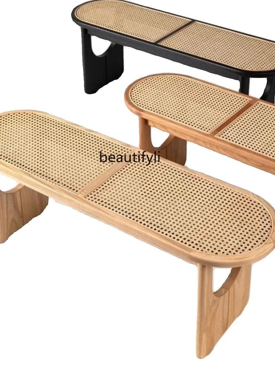 Nordic Solid Wood Rattan Shoes Changing Bench Log Style Dining Table and Chair Home Doorway Retro Tailstock Stool