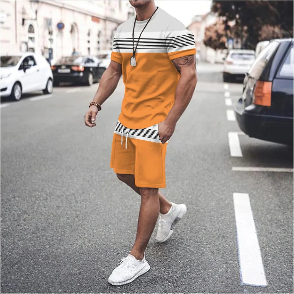 Striped 3D Print T-Shirts Shorts Sets Men's Sports Casual Fashion Streetwear Oversized Short Sleeve T Shirt Pants Set Man Suits