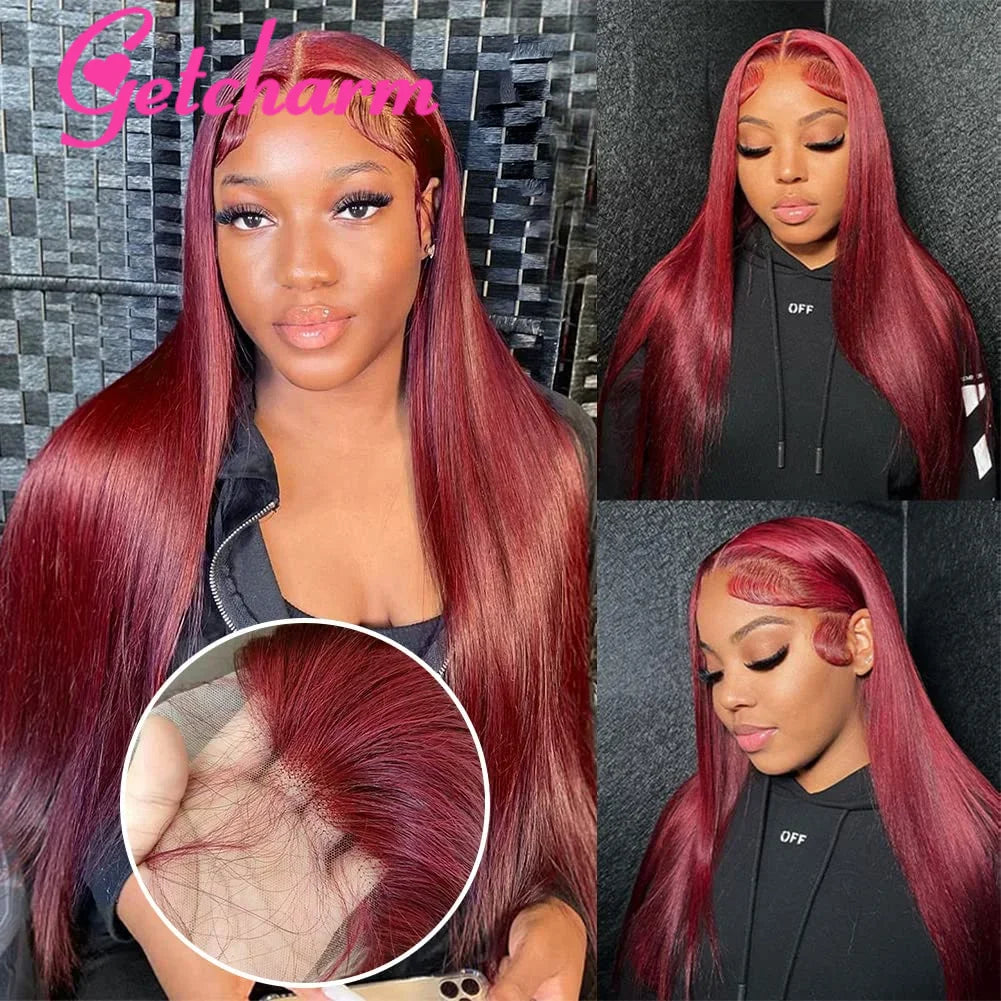 99J Burgundy Straight 13x4 Lace Front Human Hair Wigs Brazilian Hair Pre-Plucked Red Color Straight Lace Frontal Wigs For Women