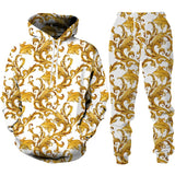 Spring Autumn  Golden Floral 3D Printed Hoodie/Tracksuit Casual Sweatshirt and Trousers Set Fashion Men Women Sports Suit