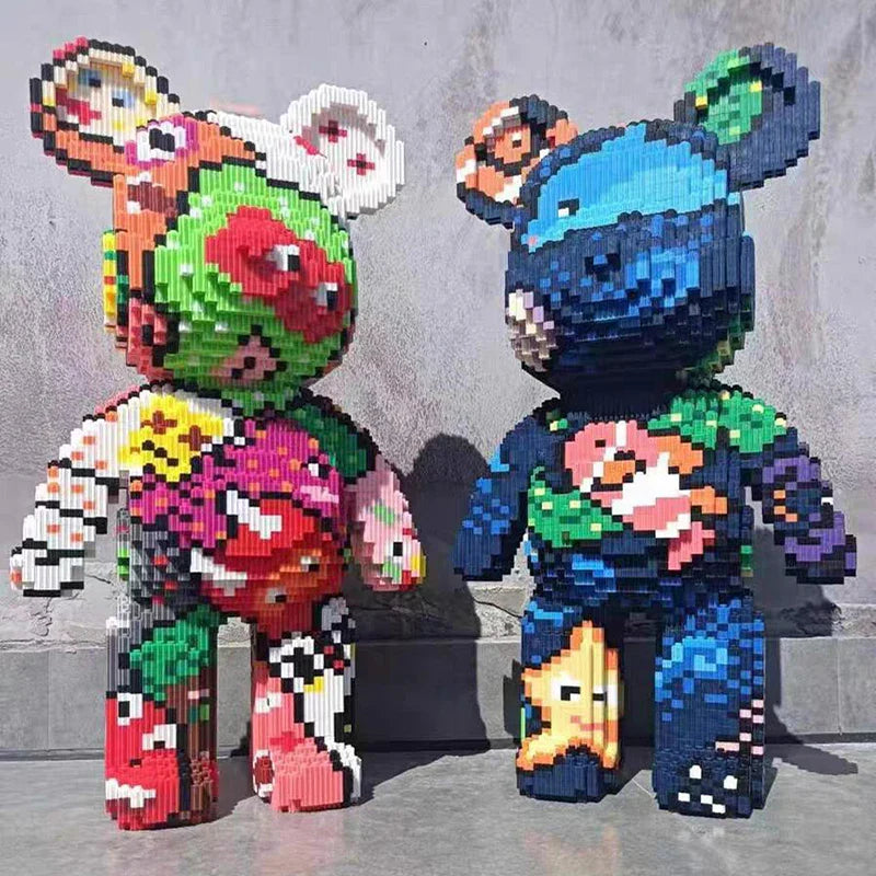 Cartoon Mini Love Violent Bear Bearbrick Colour Model with Light Building Block Micro Diamond Bricks Kids Toys Birthday Gift Set