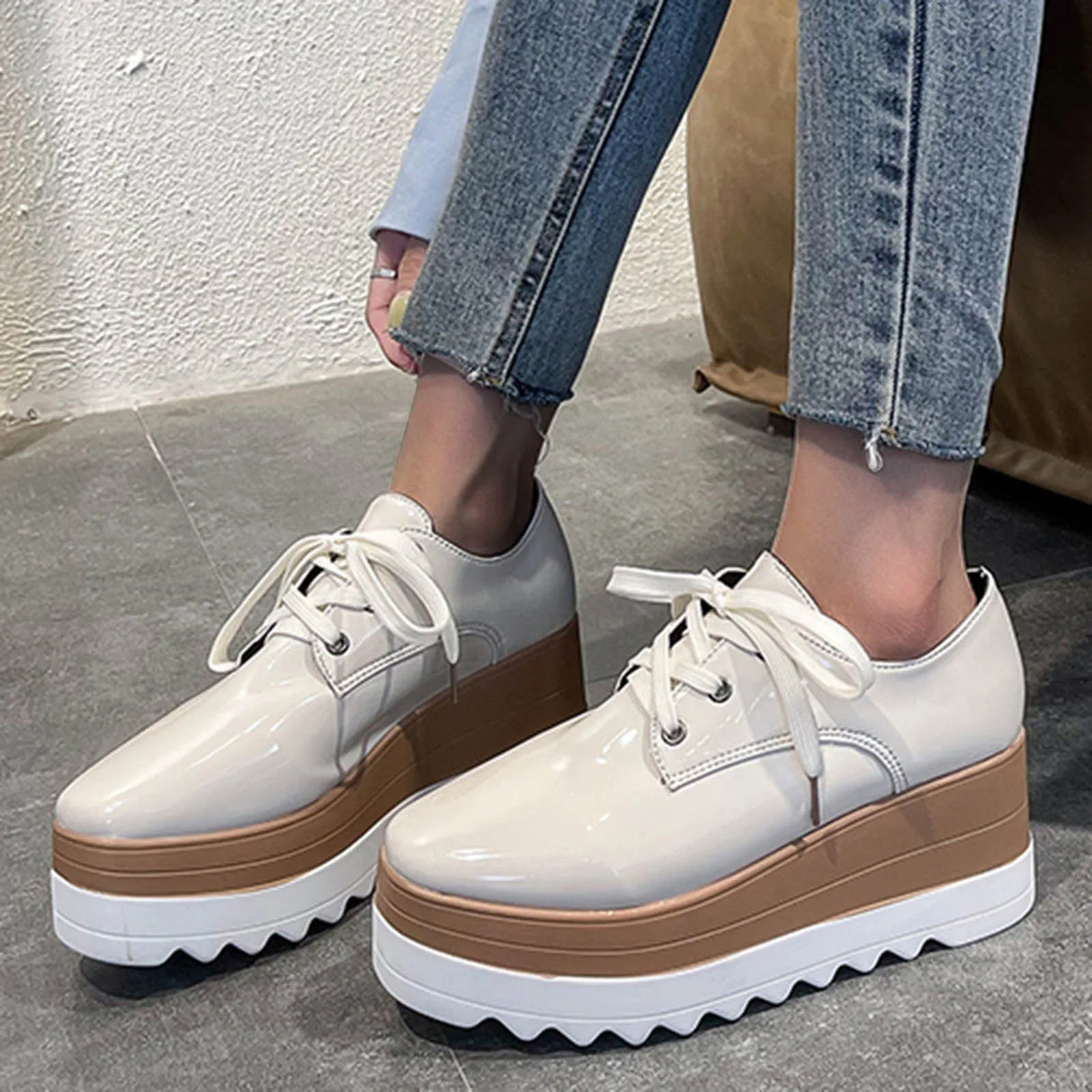 Platform Shoes Woman Bright Leather Solid Square Toe Strap Platform Casual Shoes Female Sneakers Free Shipping Zapatos