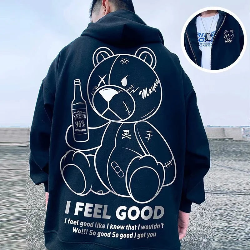 Men's Harajuku Fashion Hoodies Beer Bear Print Kawaii Sweatshirts Zipper Hip Hop Streetwear 2022 Autumn Casual Oversized Hoody