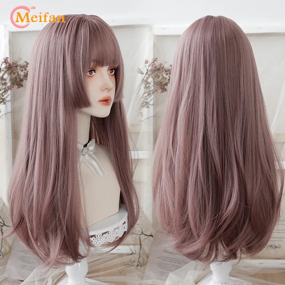 MEIFAN Synthetic Long Straight Lolita Wig with Bangs Wig Girl Cute Mixed Black Red Blonde Cosplay Party Halloween Harajuku Wig