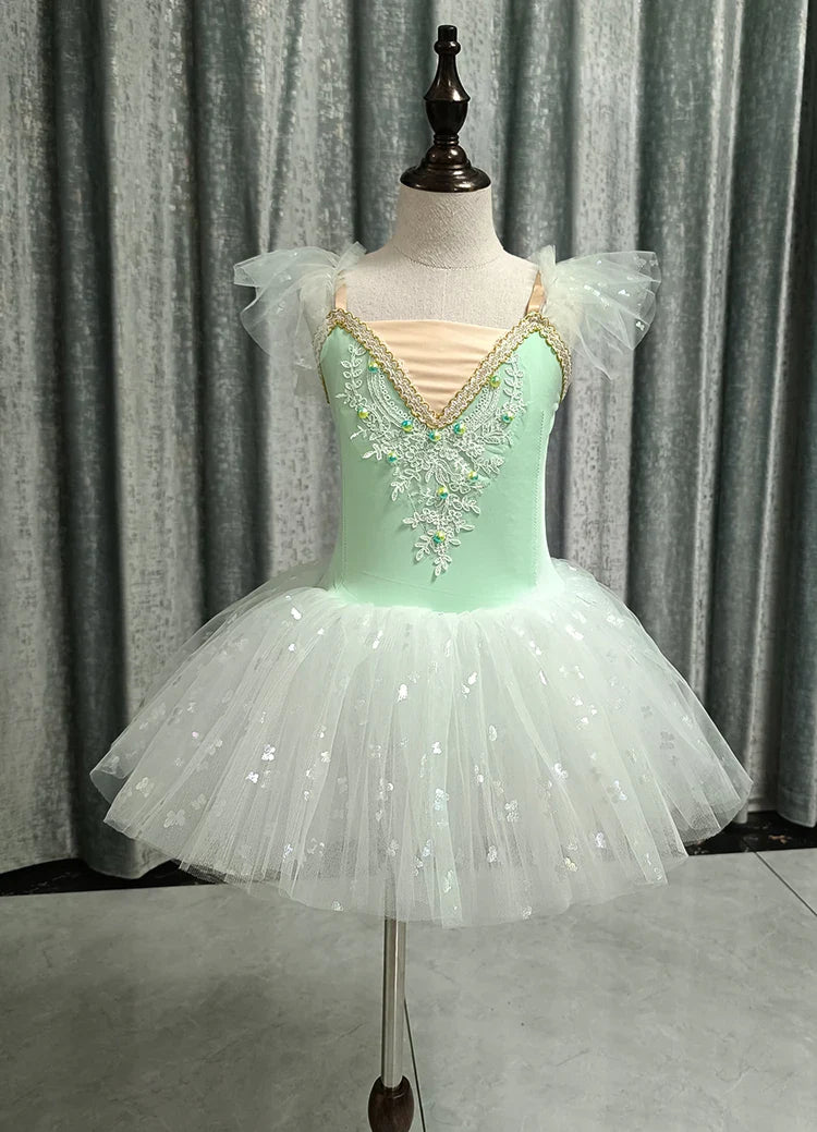 2023 New Ballerina Fairy Prom Party Costume Kids Blue Sequined Flower Dress Girls Dance Wear Gymnastic Ballet Leotard Tutu Dress