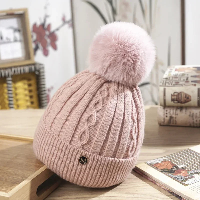 Winter Hats for Woman Thicker Beanies Chenille Ball Knitted Cap Girls Autumn Beanie Hats Fleece-lined Warmer Bonnet Casual Cap