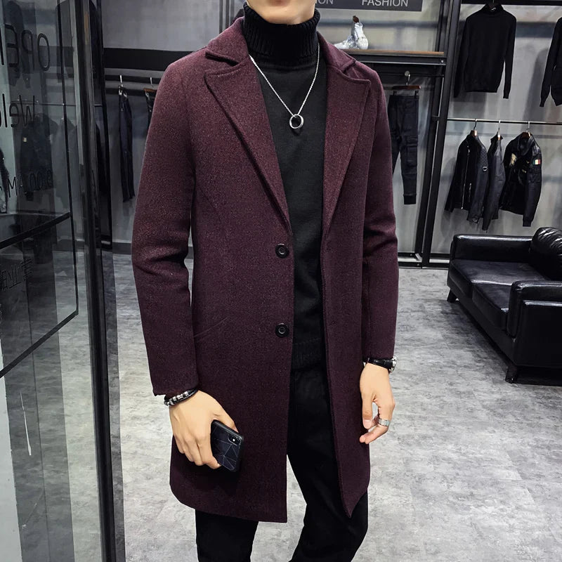 Men's Fashion Warm Casual Windbreaker Long Coat 2023 New Autumn/Winter Solid Color Woolen Coat Slim Fit Long Windbreaker Coat