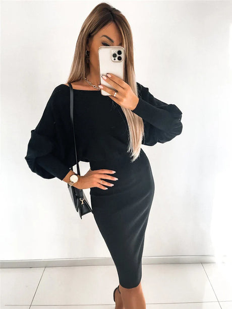 Women Autumn Winter Knitted Party Midi Dress Solid Office Lady Pullover Bodycon Slim Long Sleeve Sexy Sweater Dress