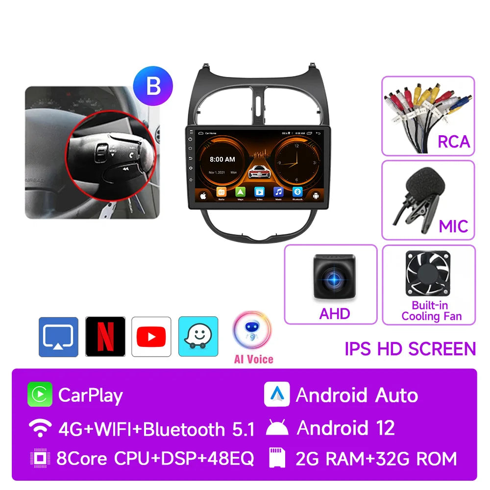 JIUYIN Car Radio For Peugeot 206 206CC 206SW 2001 - 2008 wireless CarPlay Android Auto car intelligent systems No 2 din 2din DVD