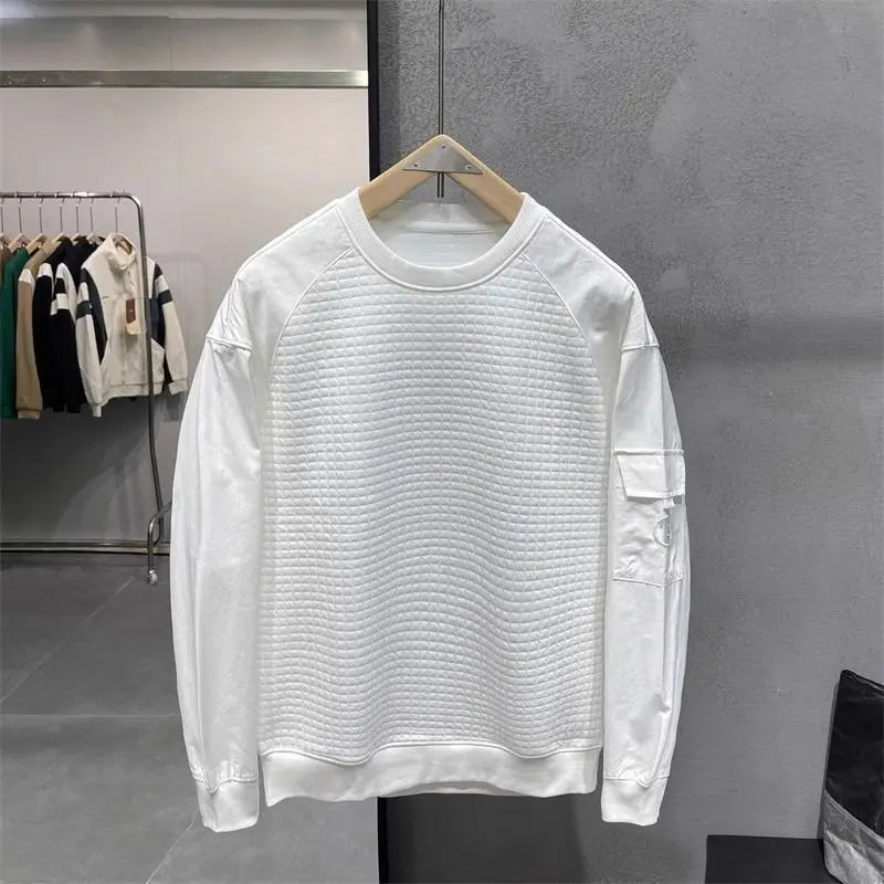 New Spring Autumn Patchwork Sweatshirts Men's Versatile Casual Loose Teachwear Shirt Sleeve Pocket Round Neck Pullover Tops