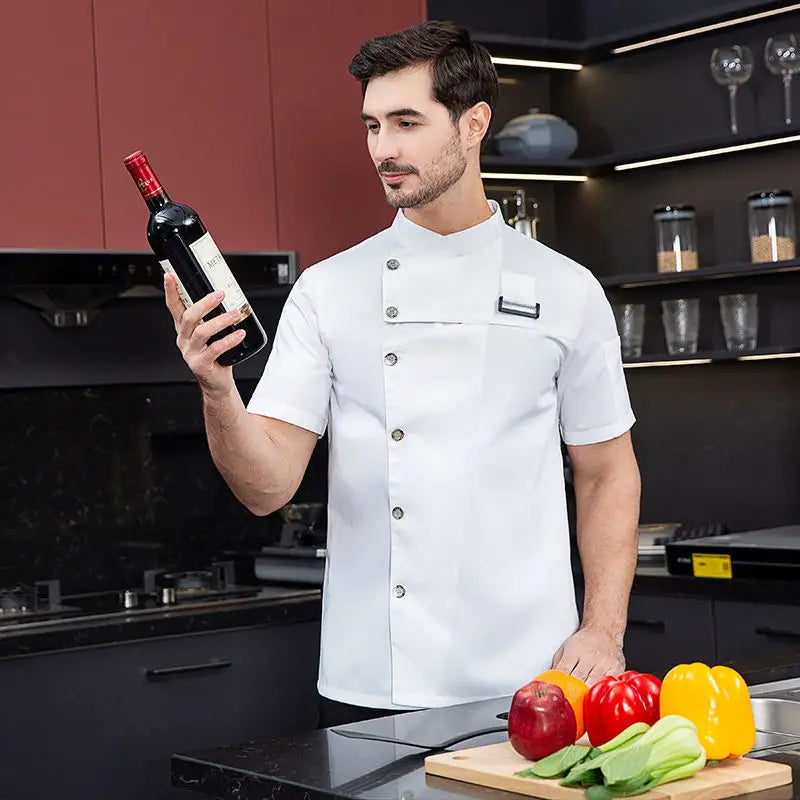 Men Grey Chef Coat Logo short Sleeve Chef Jacket Apron for Summer Head Chef Uniform Restaurant Hotel Kitchen Cooking Clothes