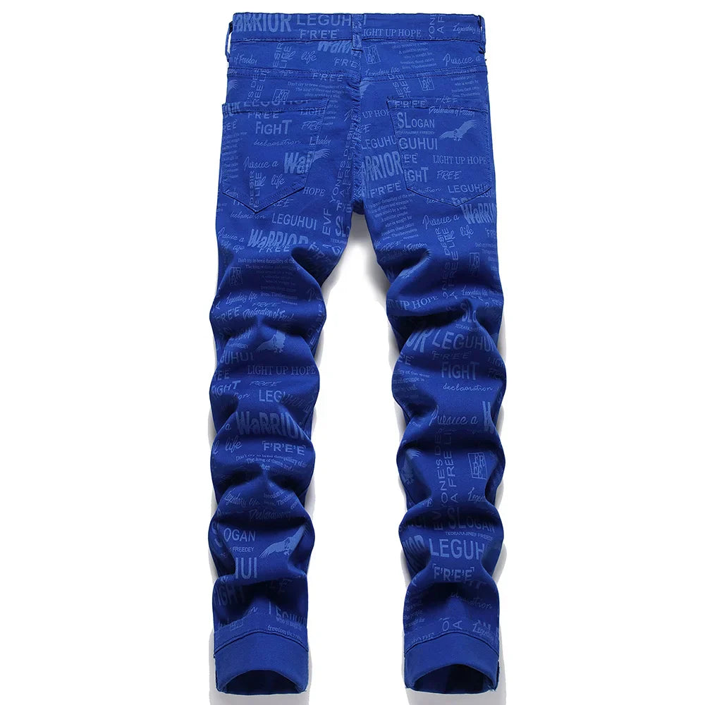 Rock punk style design Men Blue Printed Jeans Letters Slogan Eagle Stretch Denim Pants Streetwear Slim Tapered Trousers jeans